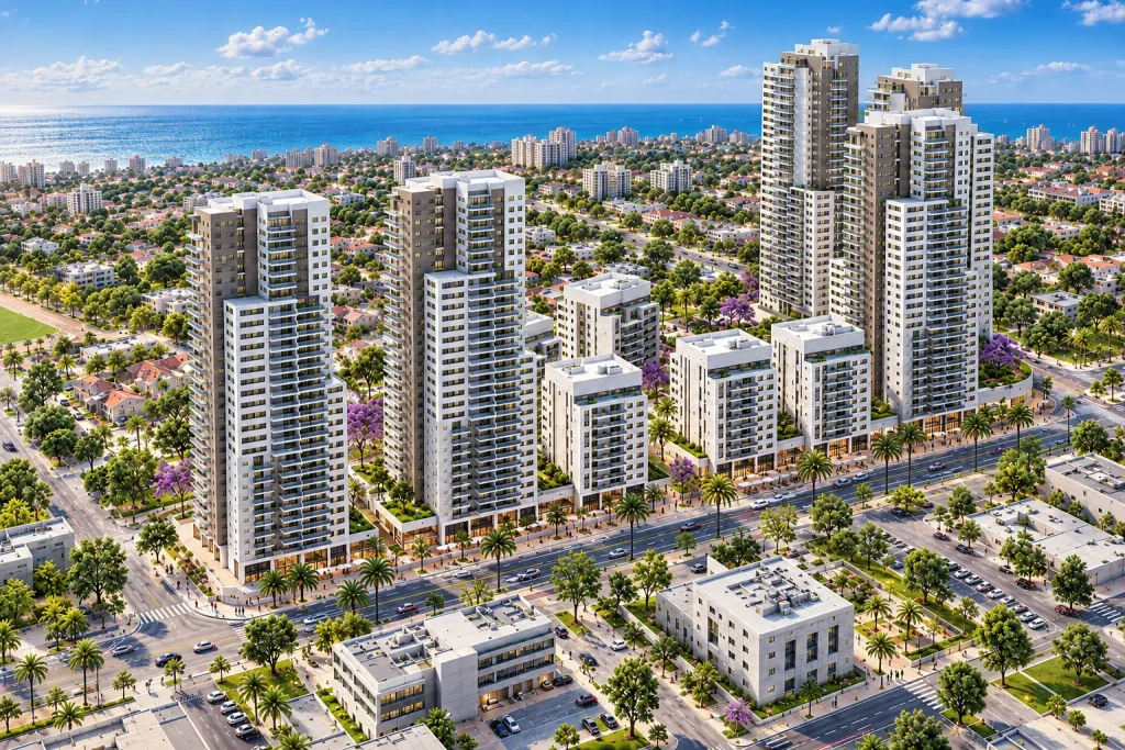 הדמיית מגדלי מגורים של מאי השקעות ביום עם נוף לים