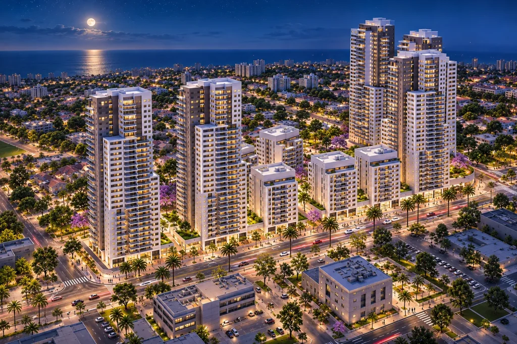 הדמיית מגדלי מגורים של מאי השקעות מוארים בלילה עם נוף לים